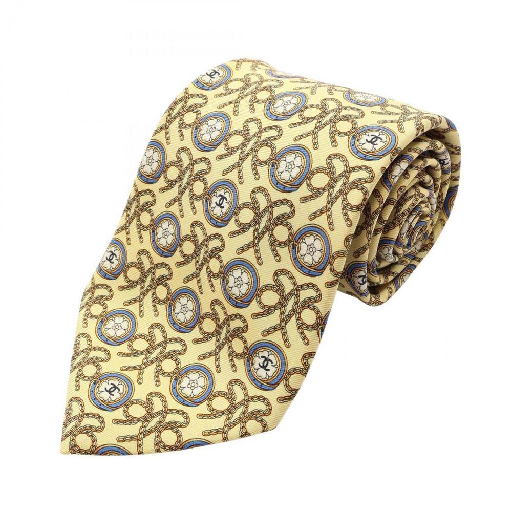 Chanel Coco Mark Camellia Chain Tie, Silk, Men's, Yellow/Blue Tones